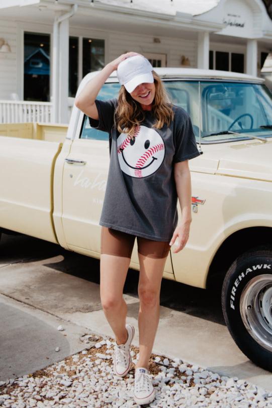 Baseball Happy Face Cute Graphic Tee - Image 2