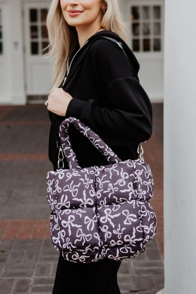 Black Bow Print Puffer Tote - Image 2