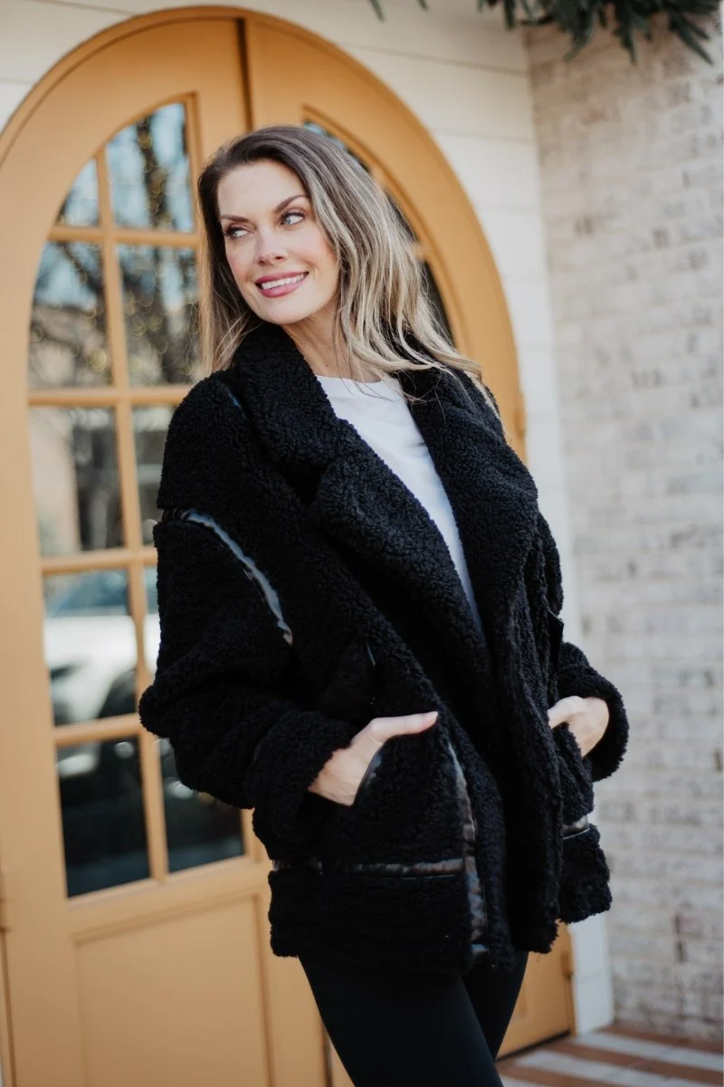 Black Sherpa Teddy Jacket Women's