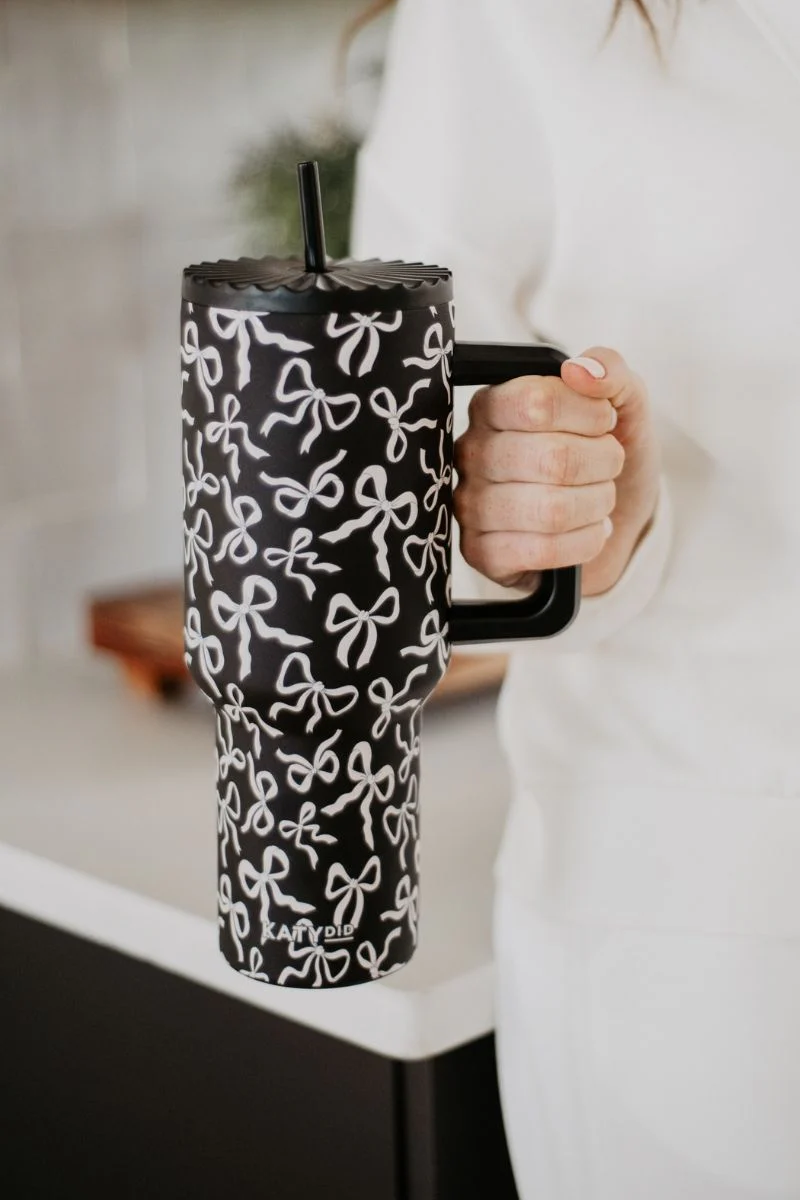 Black & White Bows All Over Drink Tumbler Cup - Image 2