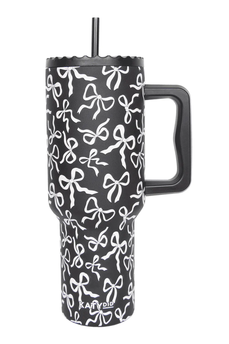 Black & White Bows All Over Drink Tumbler Cup - Image 3
