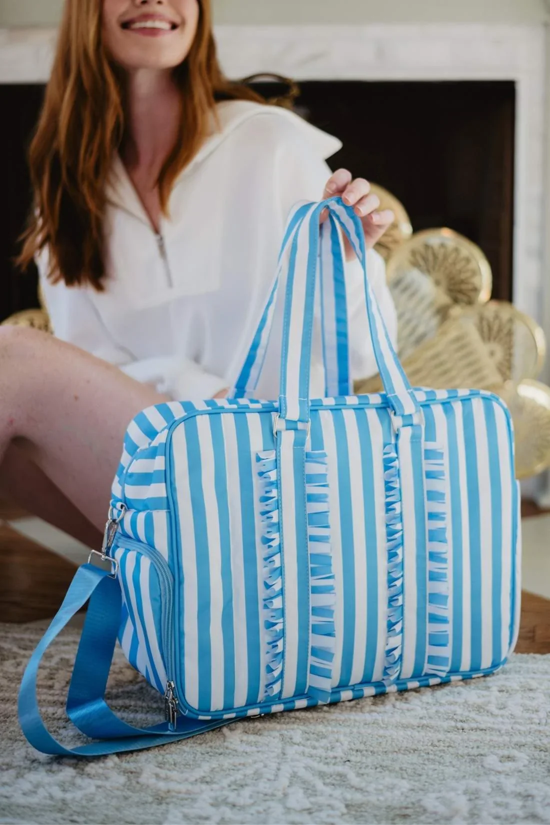 Blue Stripe Ruffle Weekend Bag Women