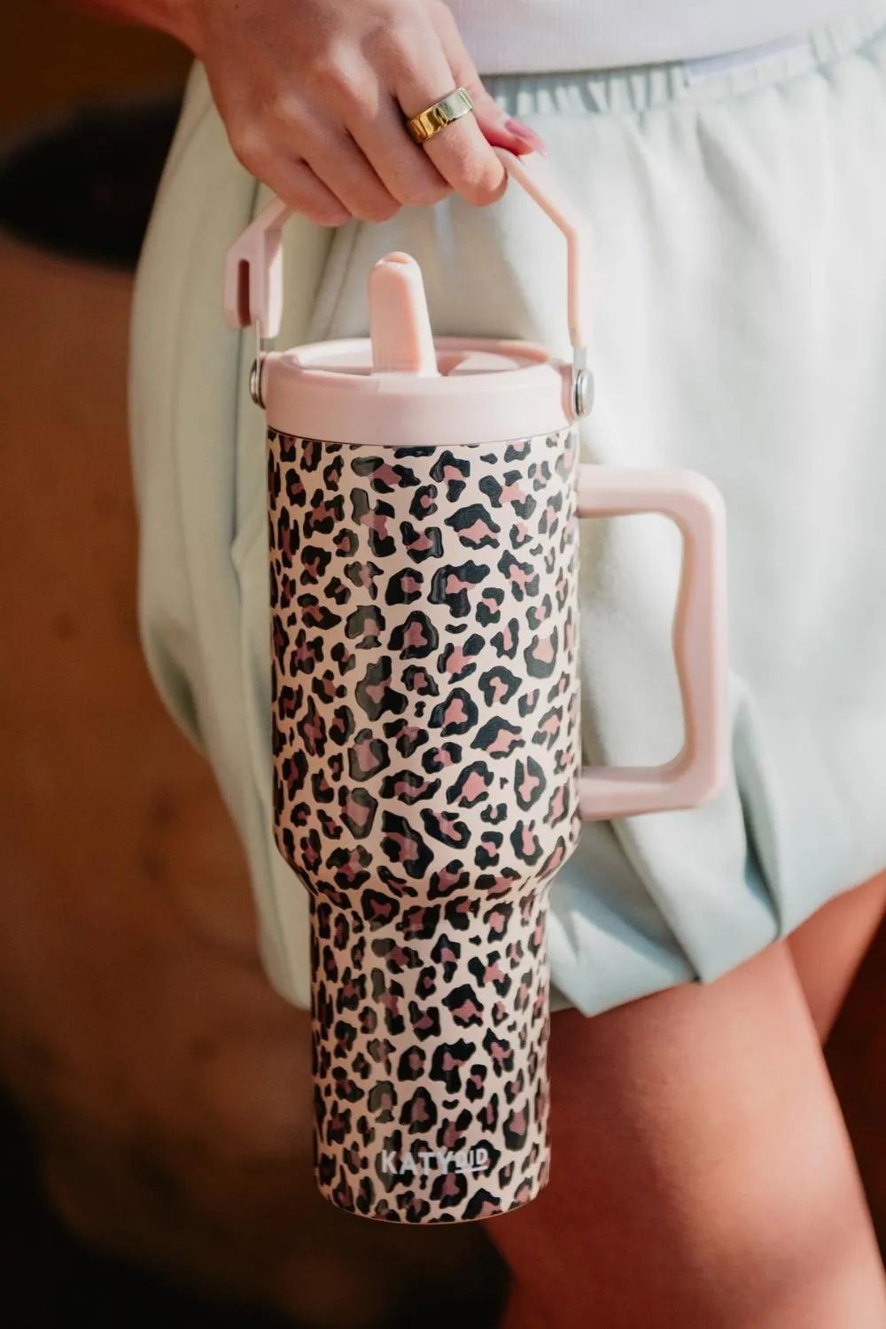 Brown Leopard Stainless Steel Tumbler with Lid Handle - Image 2