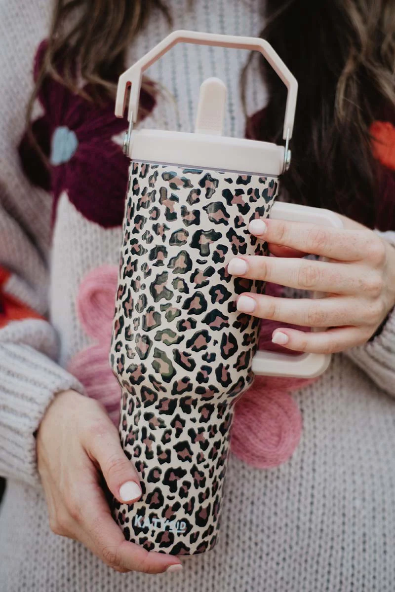 Brown Leopard Stainless Steel Tumbler with Lid Handle - Image 3