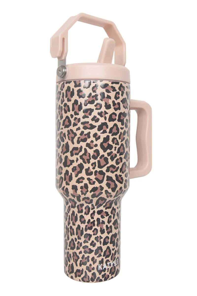 Brown Leopard Stainless Steel Tumbler with Lid Handle - Image 4