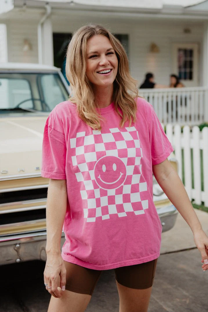 Checkered Pattern Happy Face T-Shirt - Image 2