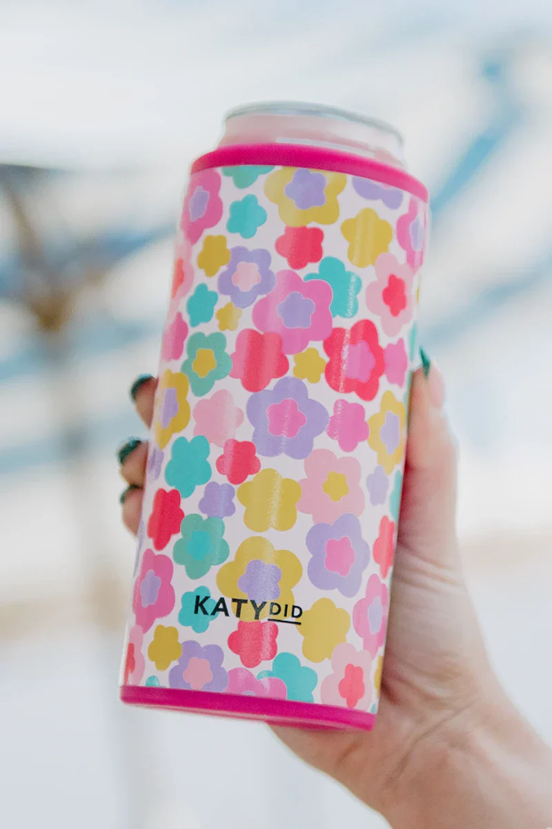 Groovy Multicolored Flowers Slim Can Koozie