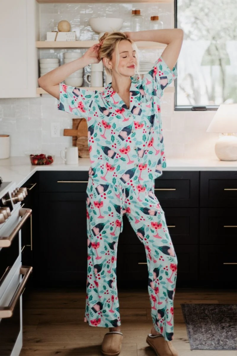 Holiday Champagne, Coupes & Holly Pajama Pants Set