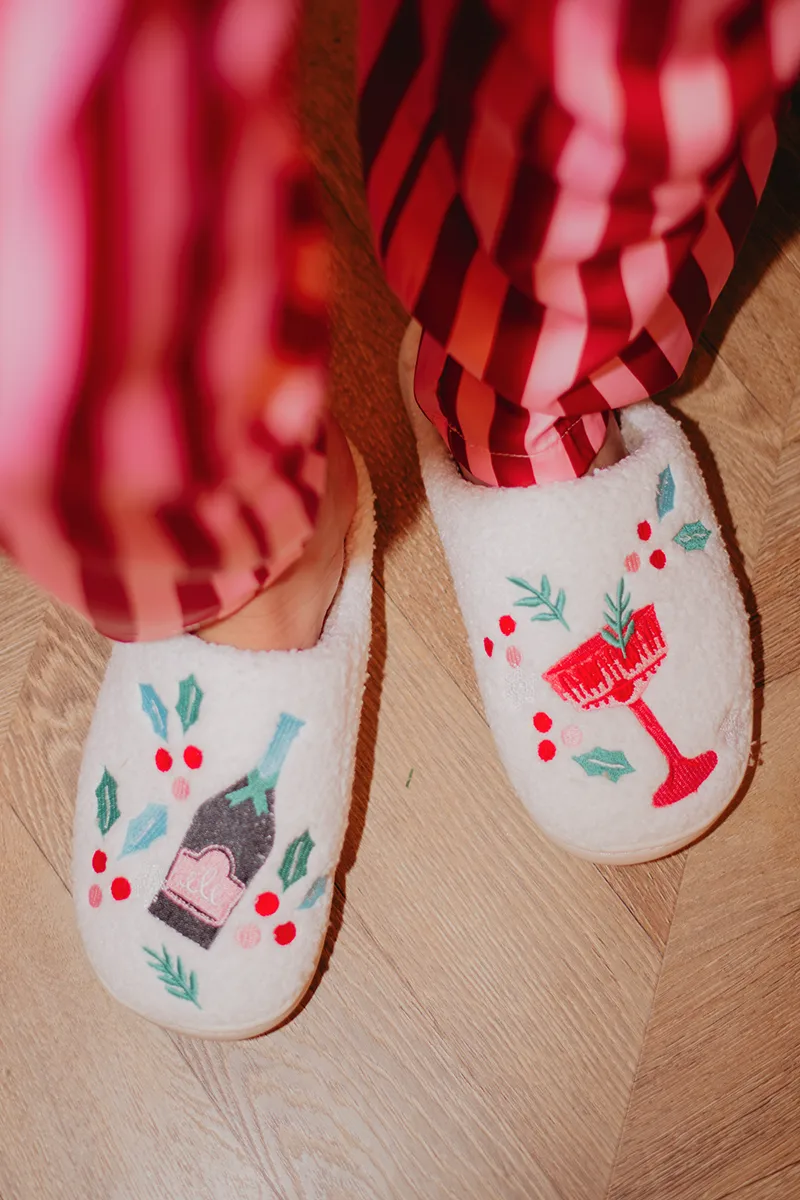Holiday Champagne, Coupes & Holly Women's Slippers