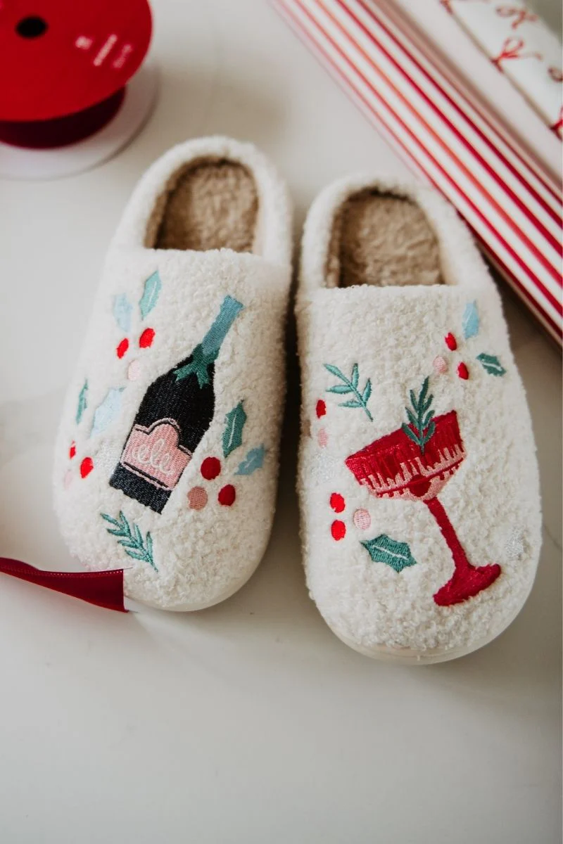 Holiday Champagne, Coupes & Holly Women's Slippers - Image 2