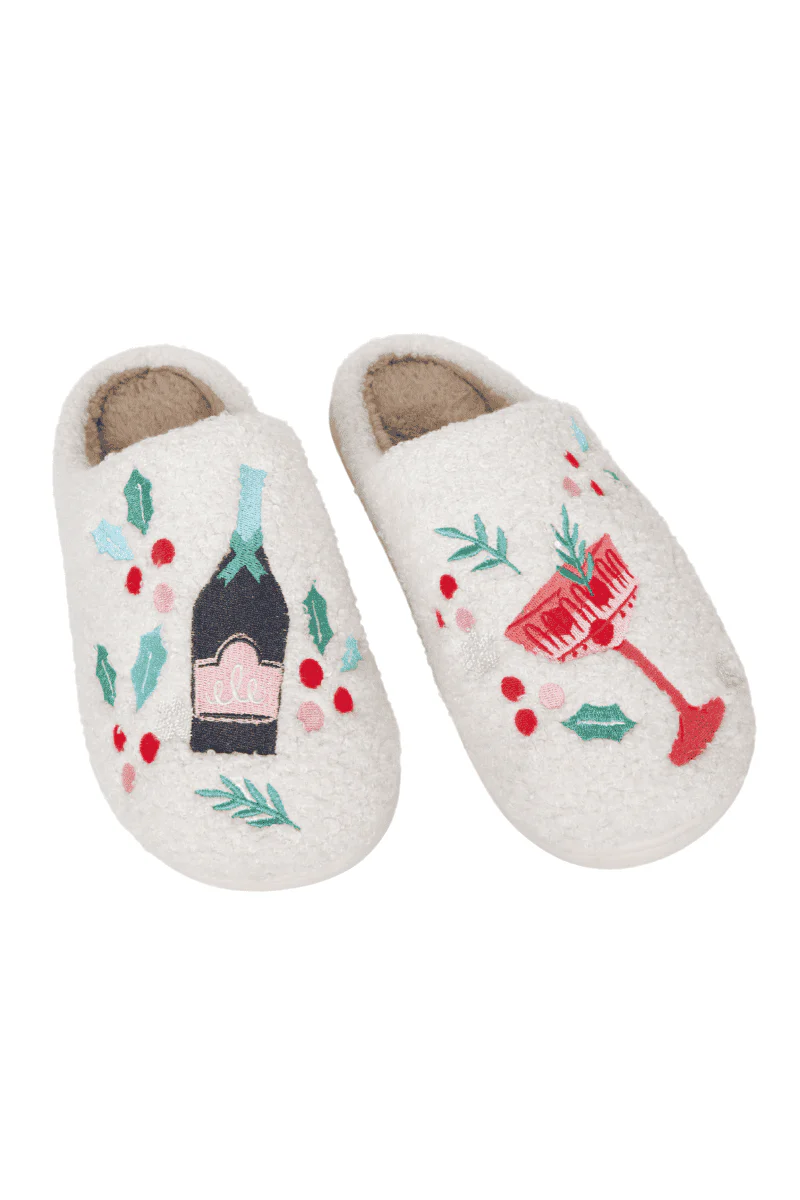 Holiday Champagne, Coupes & Holly Women's Slippers - Image 5