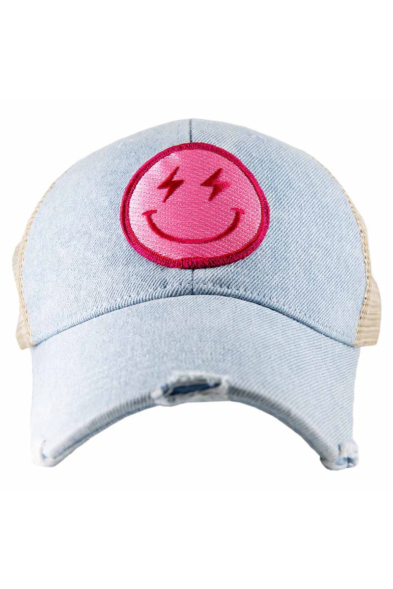 Hot Pink Lightning Happy Face Denim Trucker Hat - Image 2