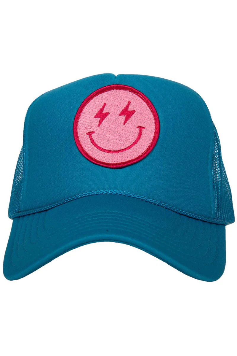 Hot Pink Lightning Happy Face Trucker Hat - Image 3