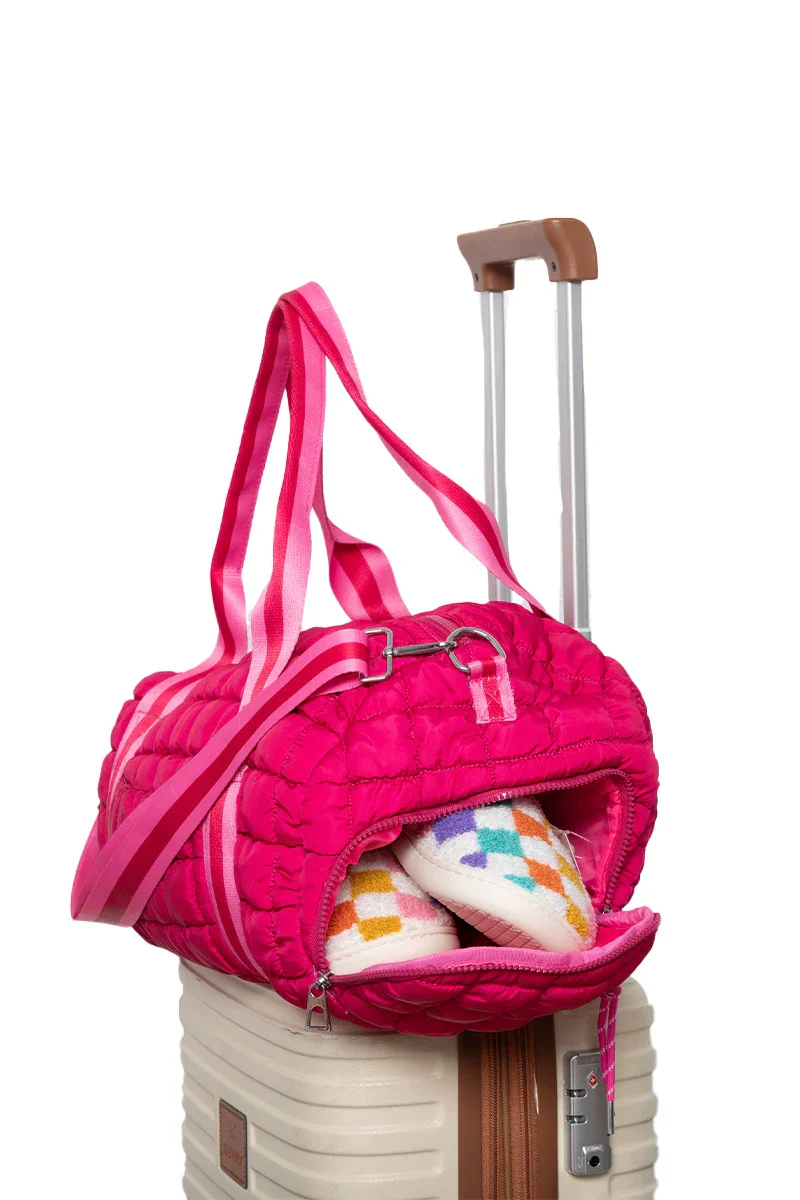 Hot Pink Striped Quilted Duffel Bag - Image 4