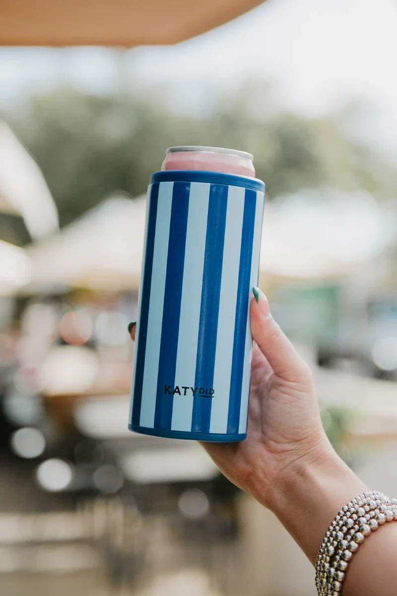 Light Blue and Navy Striped Tall Can Cooler