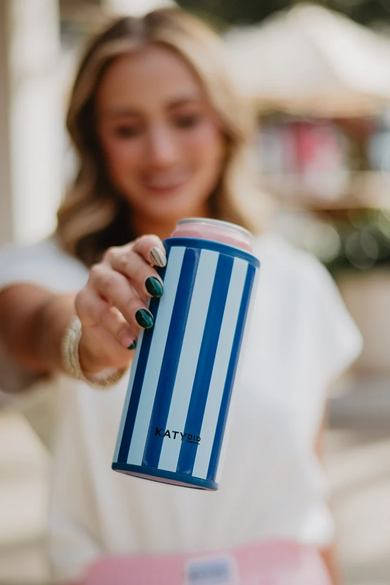 Light Blue and Navy Striped Tall Can Cooler - Image 3