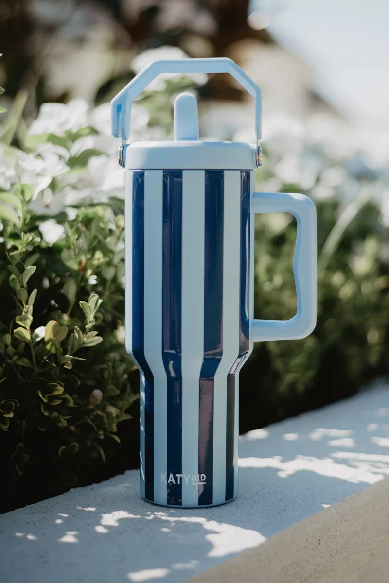Light Blue and Navy Striped Tumbler With Handle - Image 2