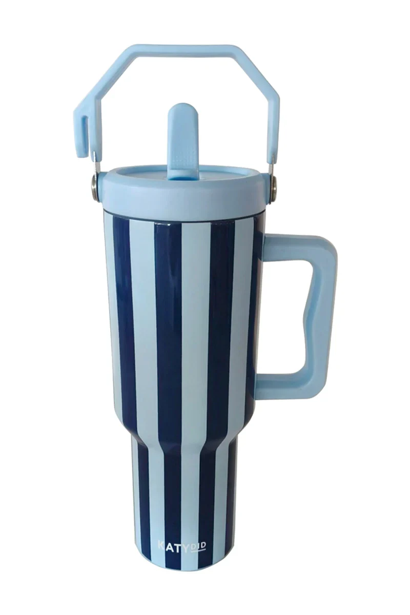 Light Blue and Navy Striped Tumbler With Handle - Image 3