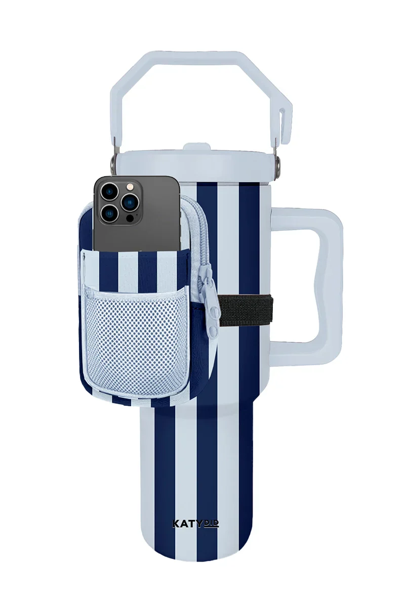 Light Blue and Navy Striped Velcro Bag for Tumbler - Image 2