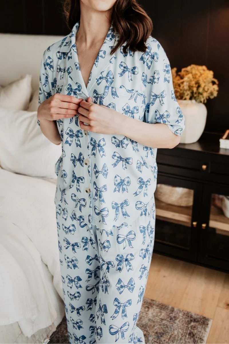 Light Blue Toile Coquette Bows Lounge Pants Set - Image 3