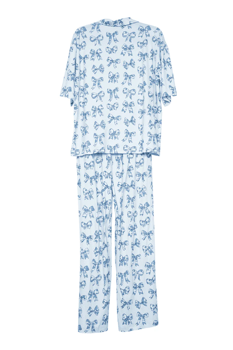 Light Blue Toile Coquette Bows Lounge Pants Set - Image 5