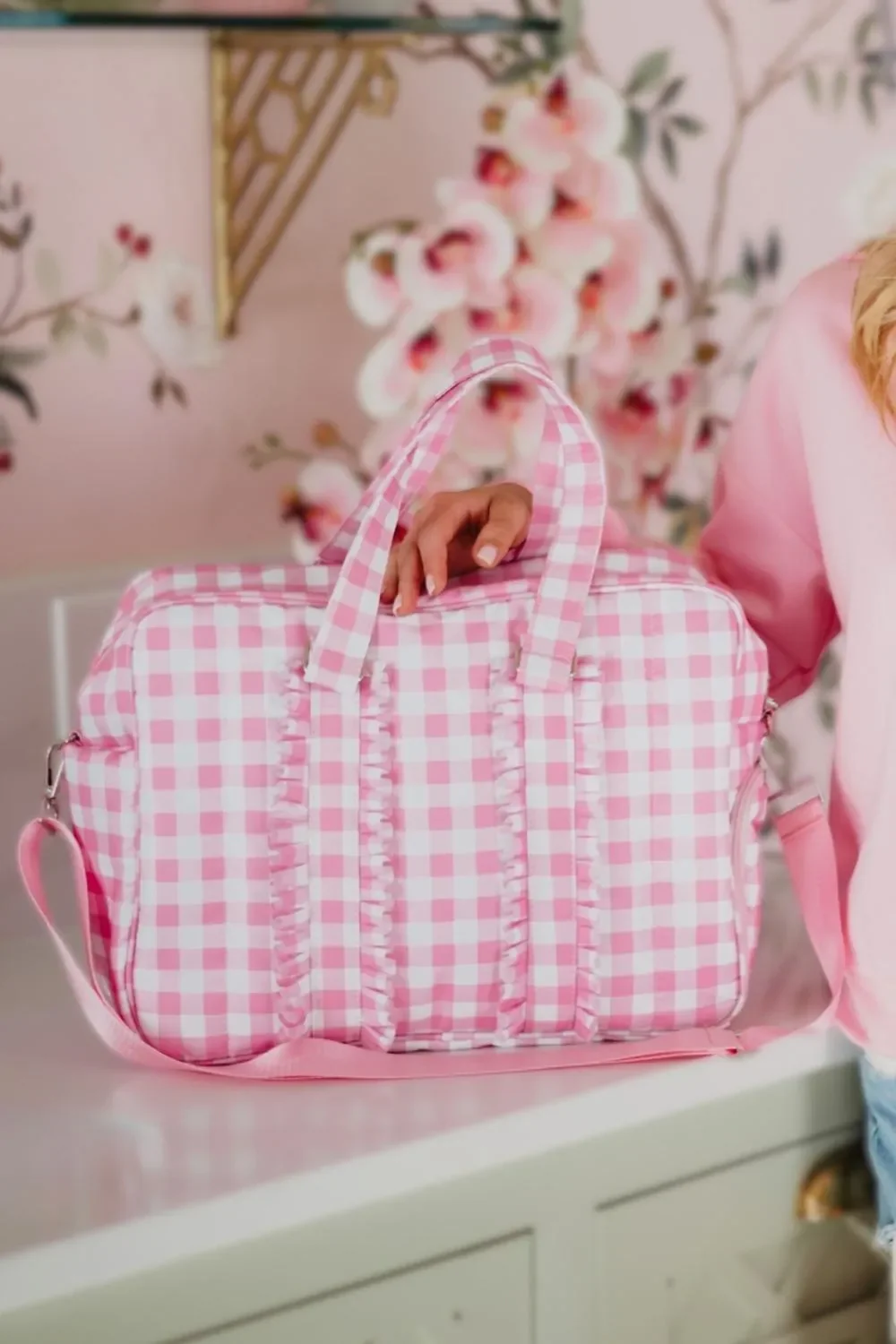 Light Pink Plaid Ruffle Overnight Bag