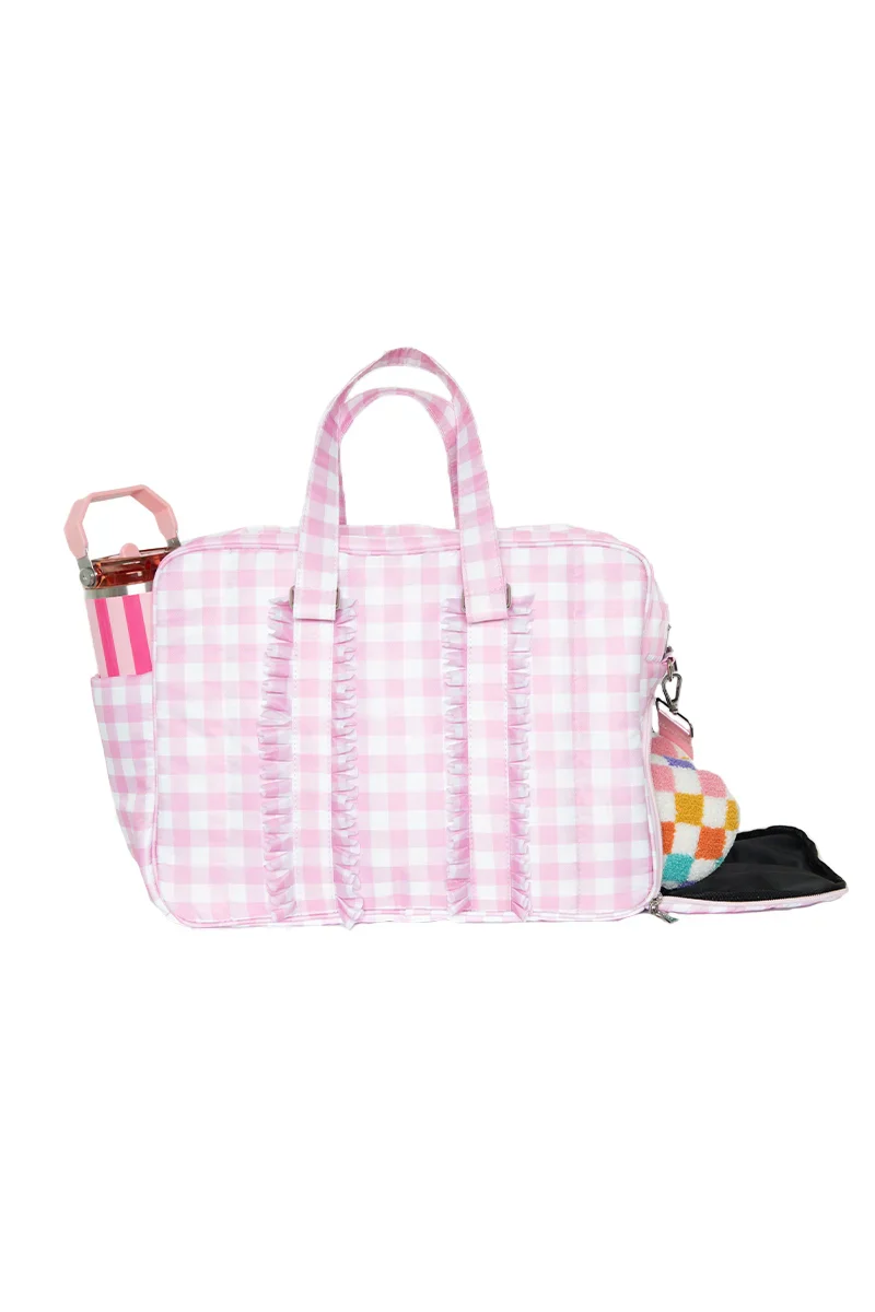 Light Pink Plaid Ruffle Overnight Bag - Image 3
