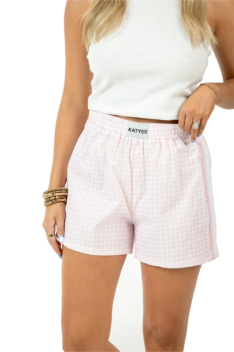 Light Pink Plaid Women's Boxer Shorts - Image 3