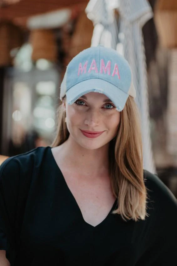MAMA (Pink and White) Denim Trucker Hat - Image 2