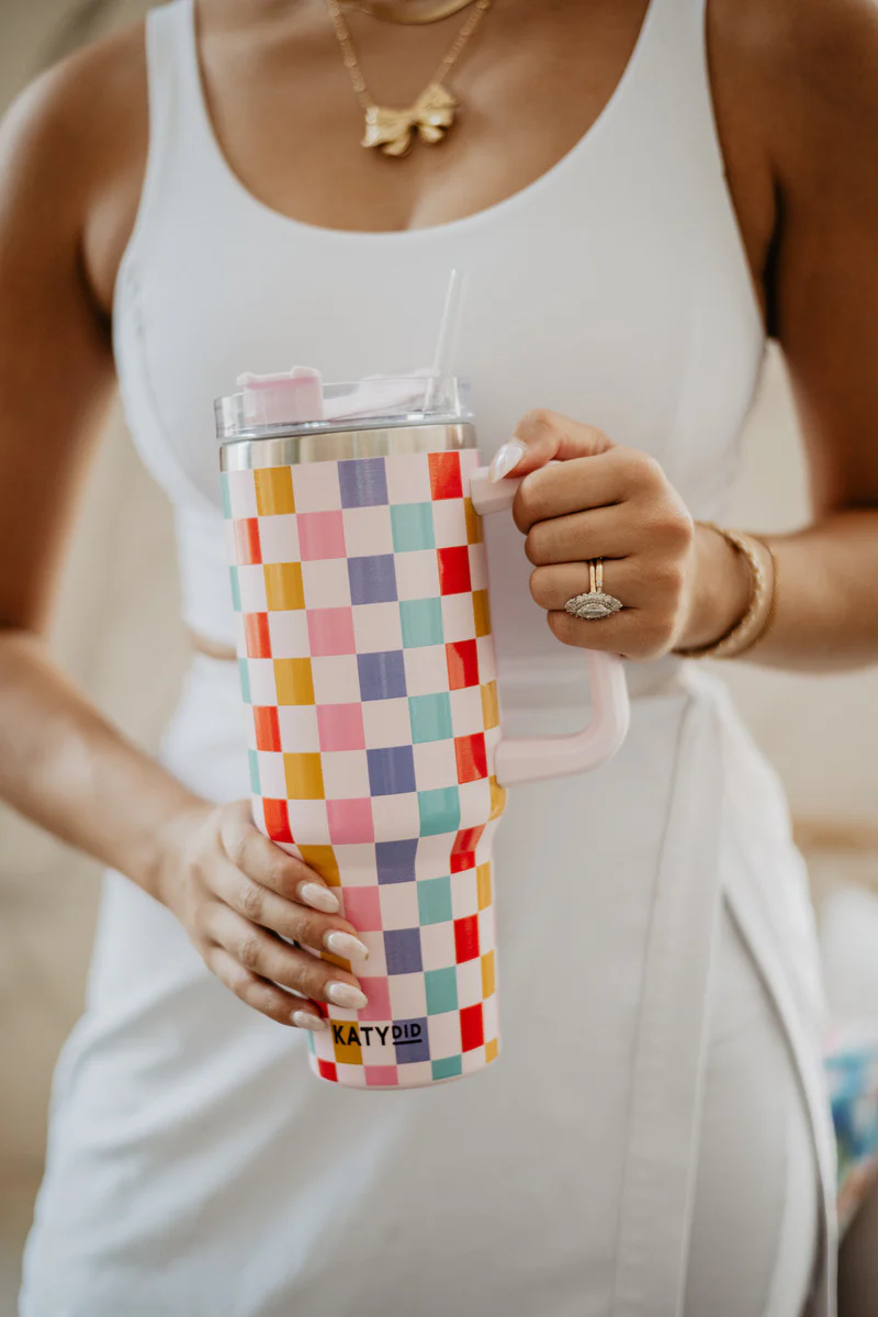 Multicolored Checkered Tumbler Cup w/ Handle - Image 3