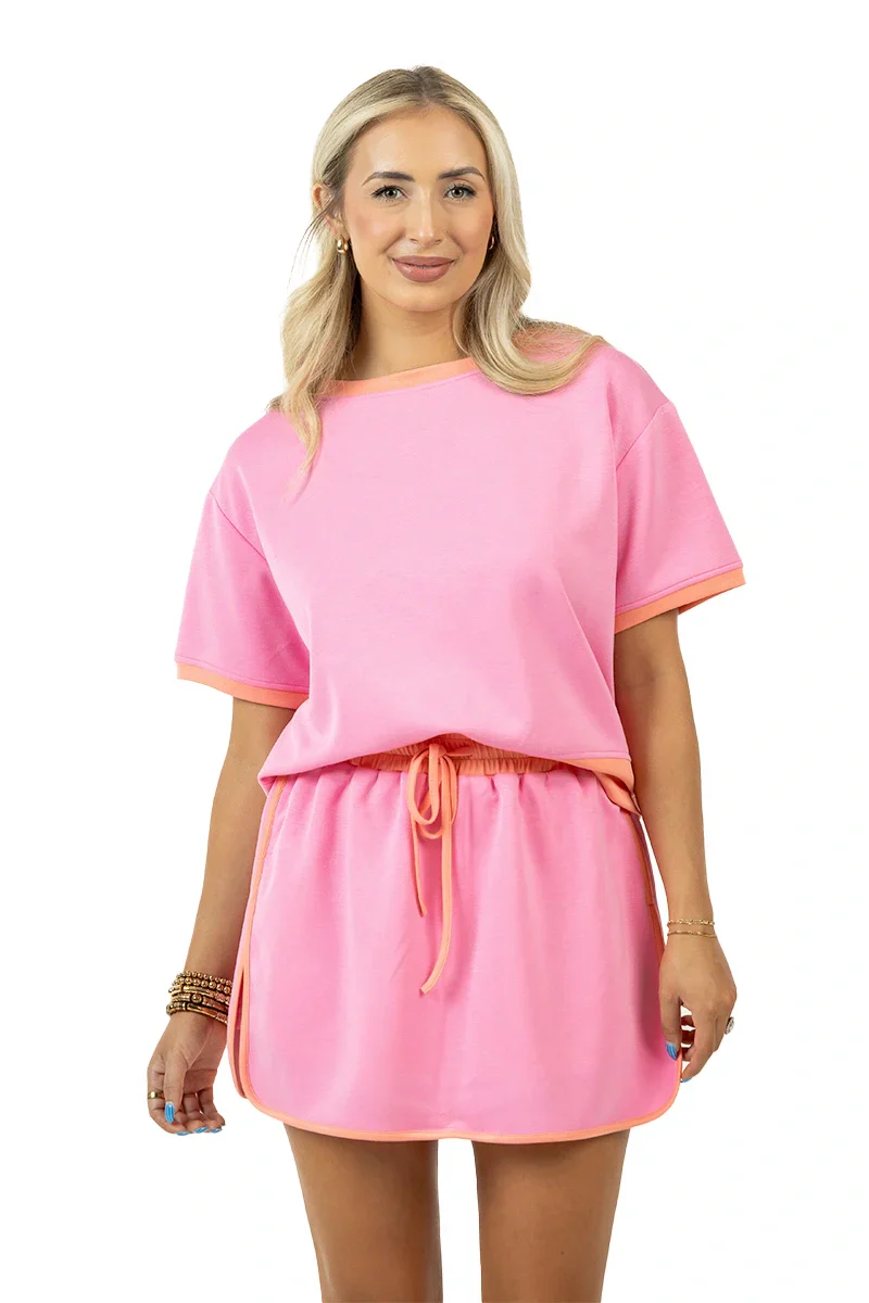 Pink and Orange Contrast Cute Matching Skirt Set - Image 4