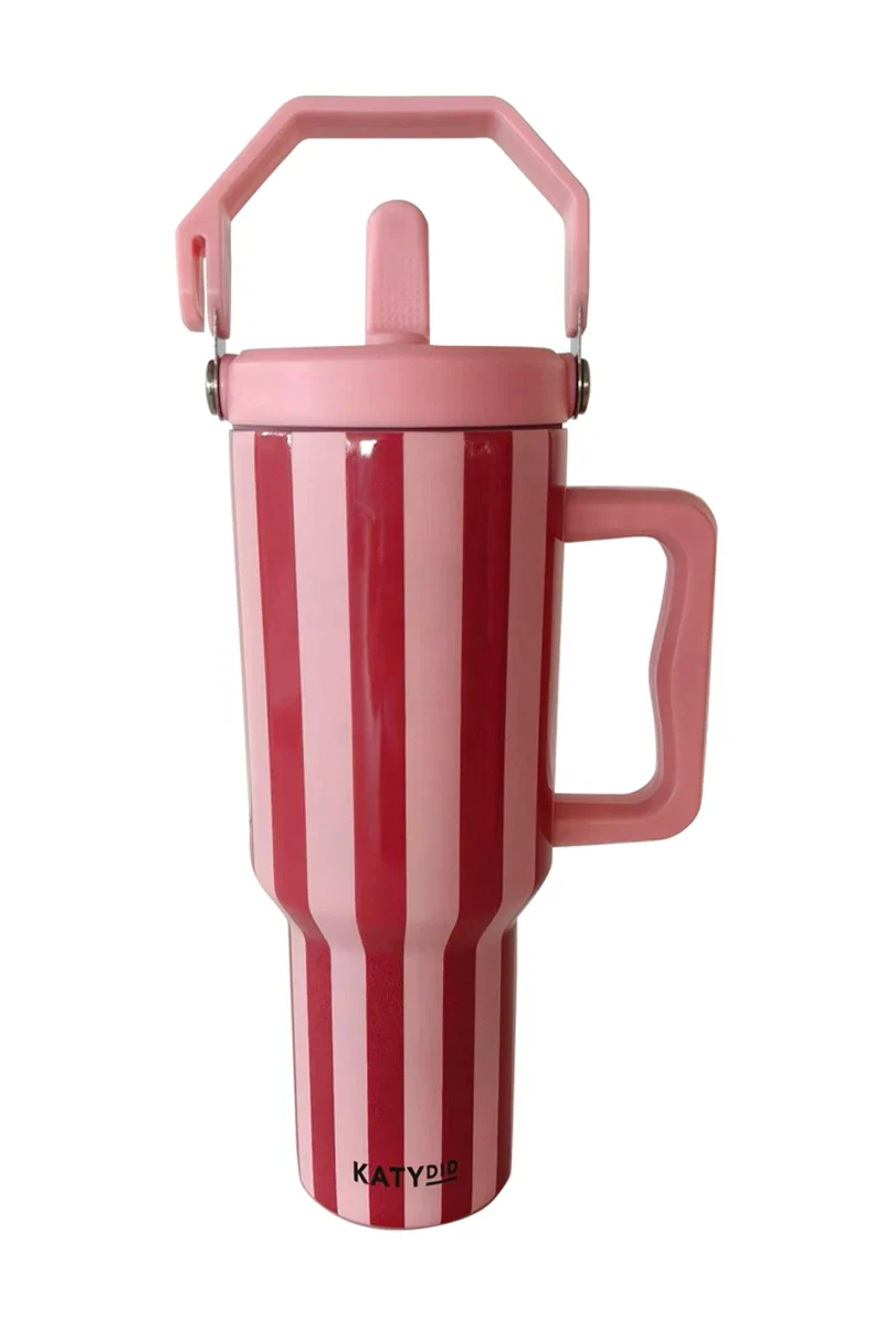 Pink and Wine Striped Stainless Steel Cabana Tumbler - Image 2