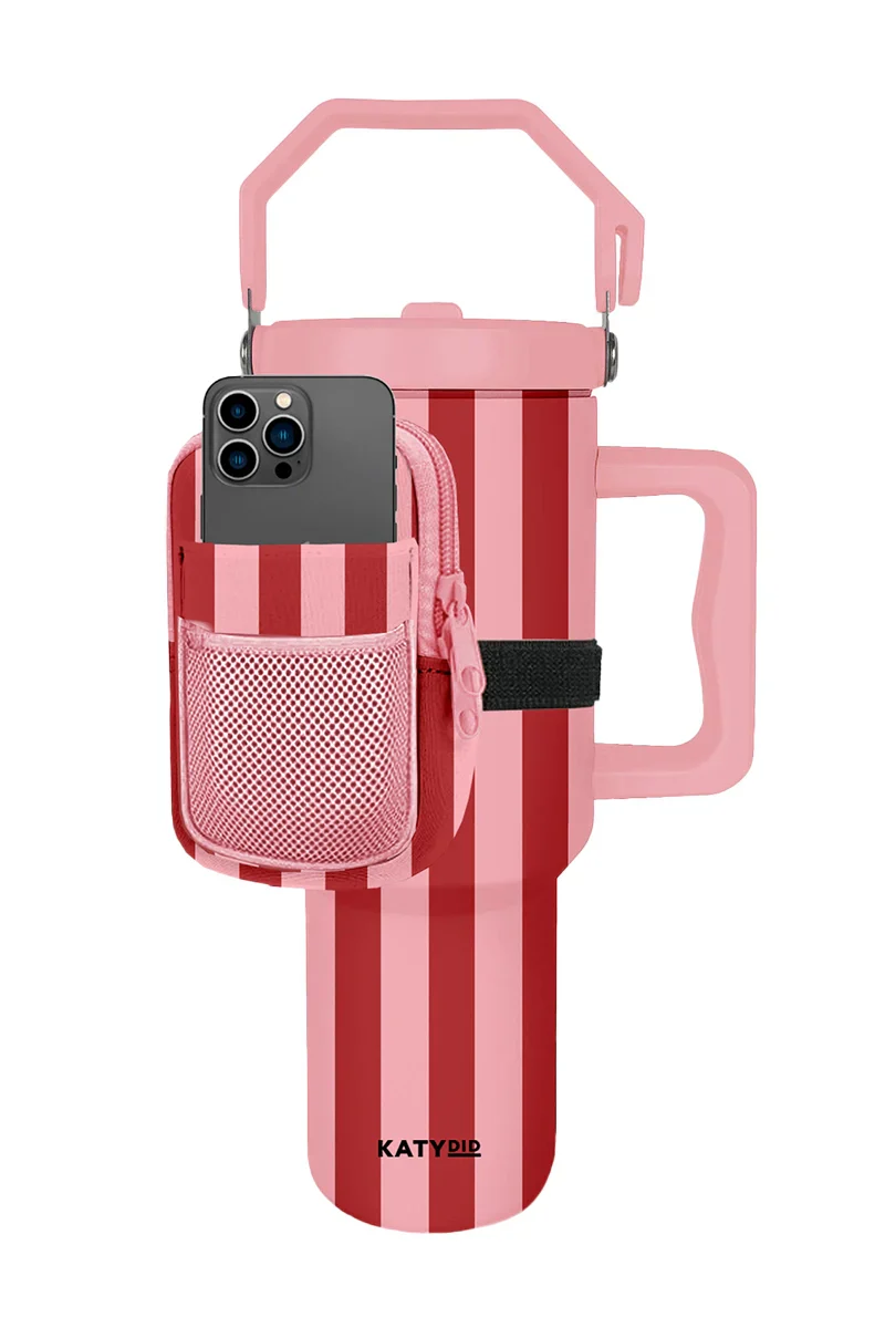 Pink and Wine Striped Velcro Bag for Tumbler - Image 2