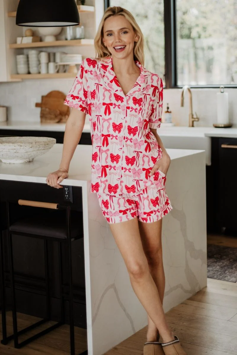 Pink & Red Coquette Bows PJ Shorts Set For Women - Image 2