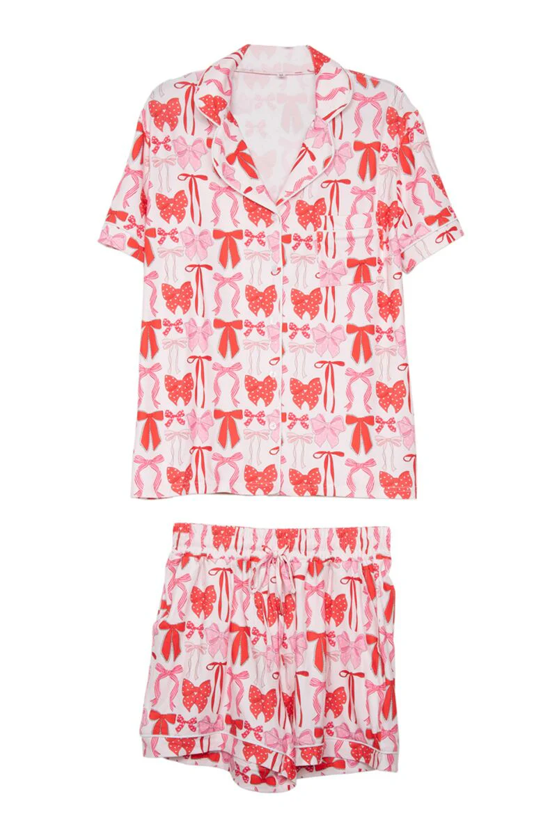 Pink & Red Coquette Bows PJ Shorts Set For Women - Image 4