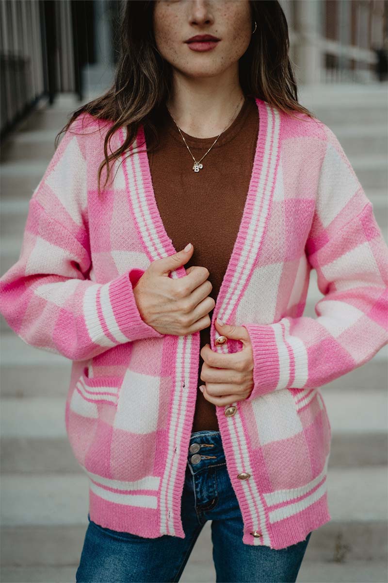 Plaid Gold Button Knitted Pink Cardigan - Image 2