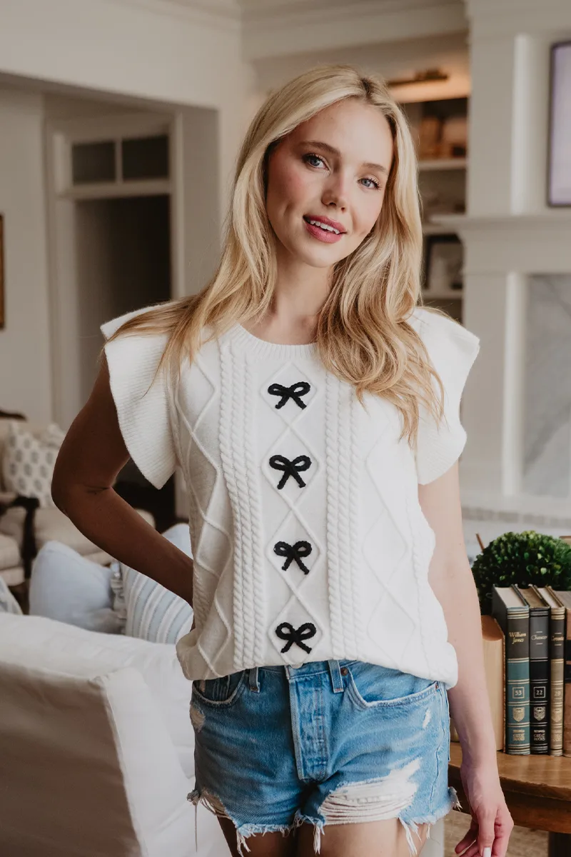 Short Sleeve Bow Sweater Top (White) - Image 3