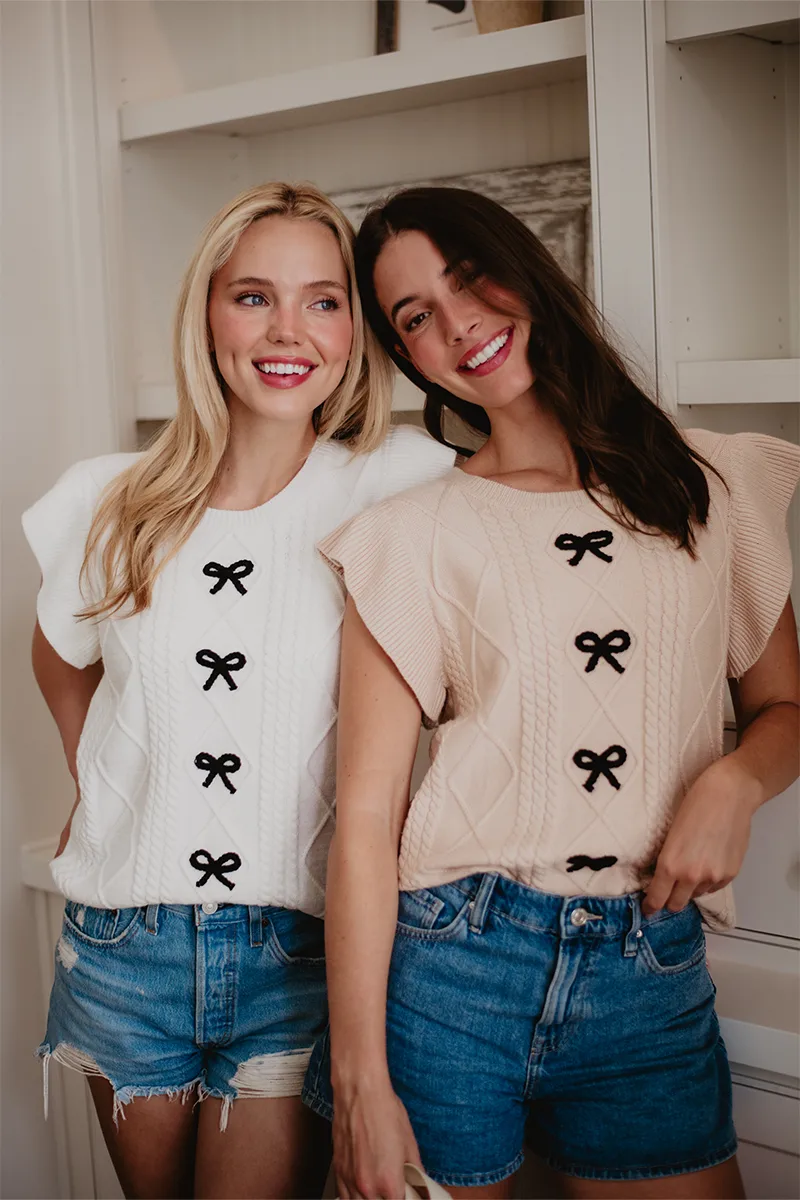 Short Sleeve Bow Sweater Top (White) - Image 4