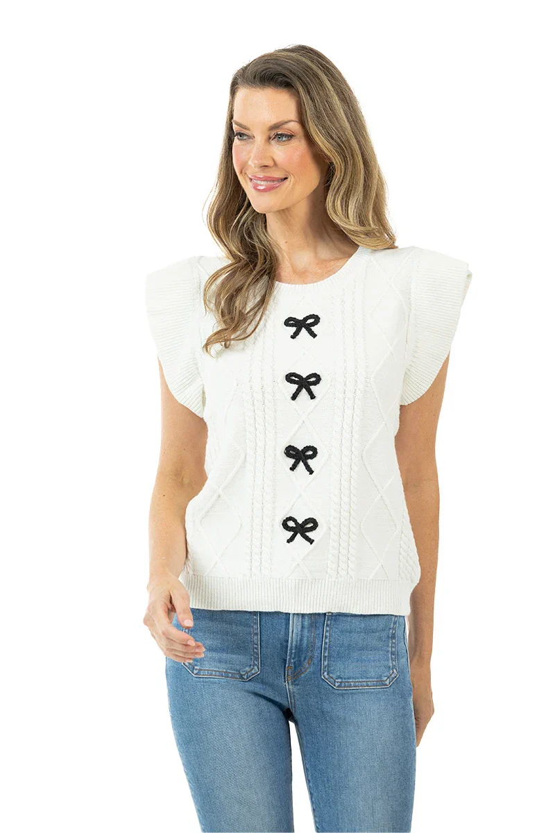 Short Sleeve Bow Sweater Top (White) - Image 5