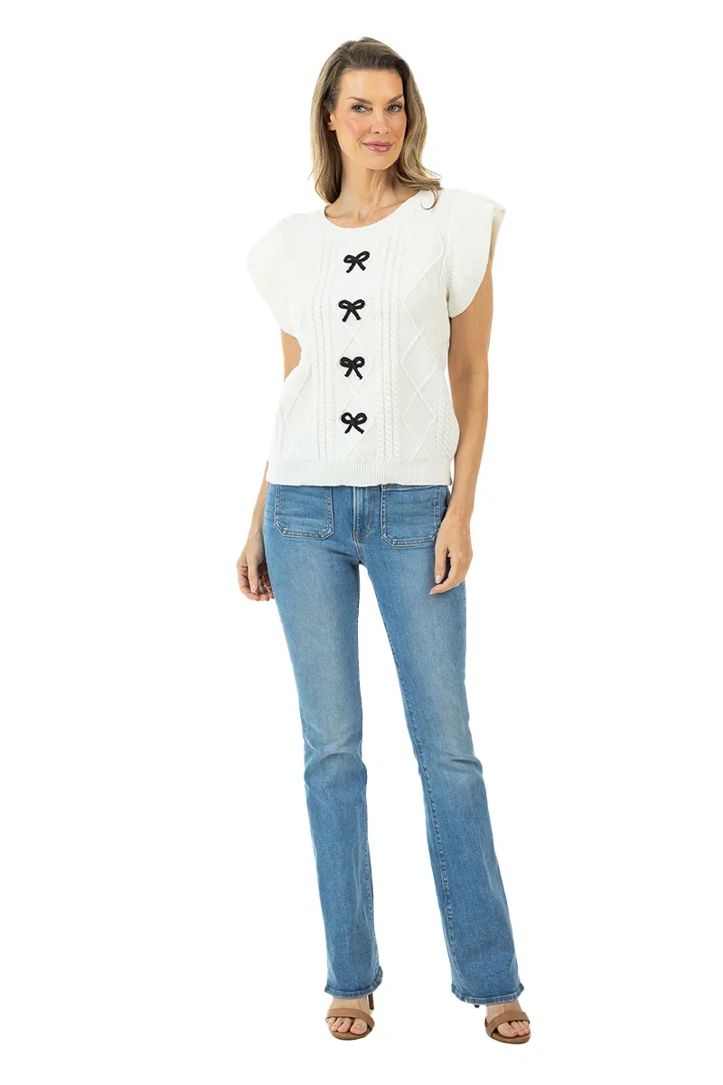 Short Sleeve Bow Sweater Top (White) - Image 6