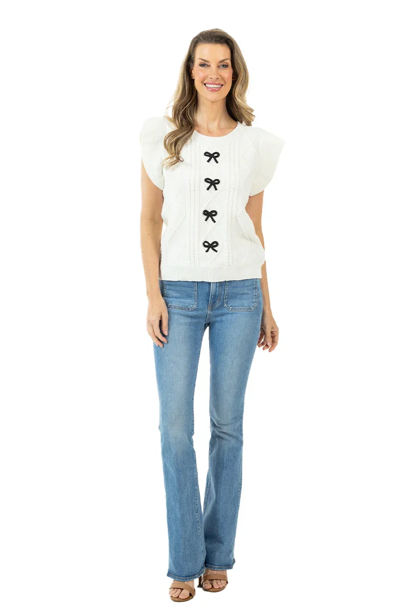 Short Sleeve Bow Sweater Top (White) - Image 7