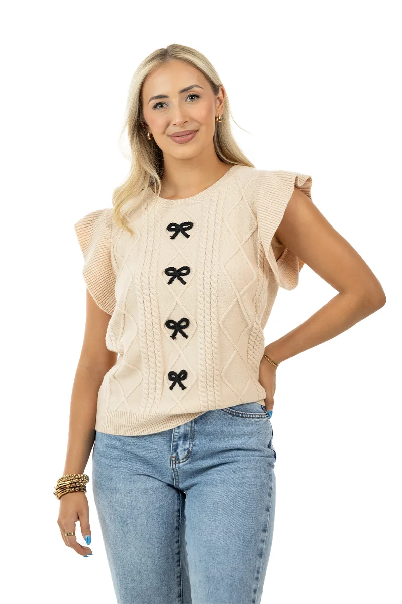 Tan Coquette Bow Sweater Top - Image 6