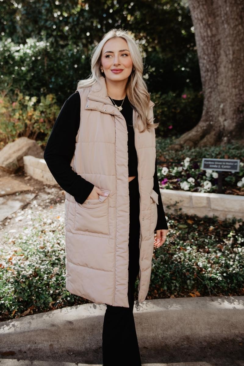 Tan Long Quilted Puffer Vest - Image 2
