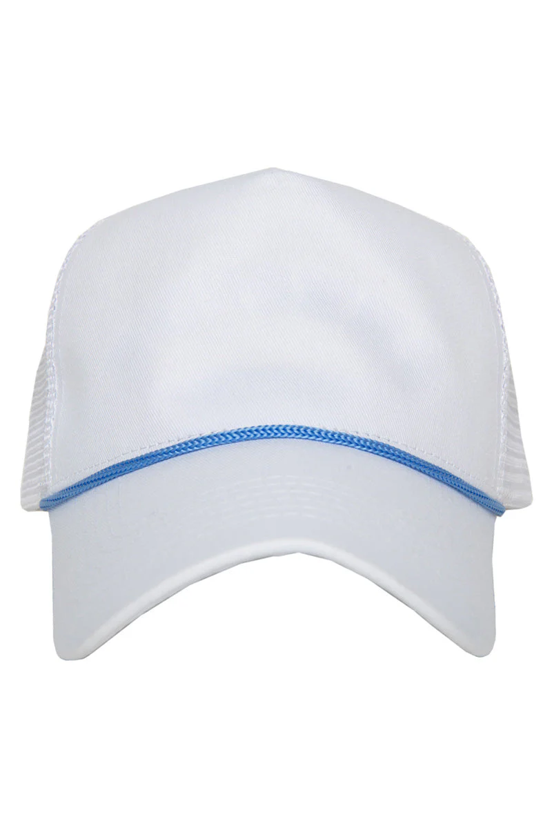 White Blank Trucker Hat with Light Blue Rope