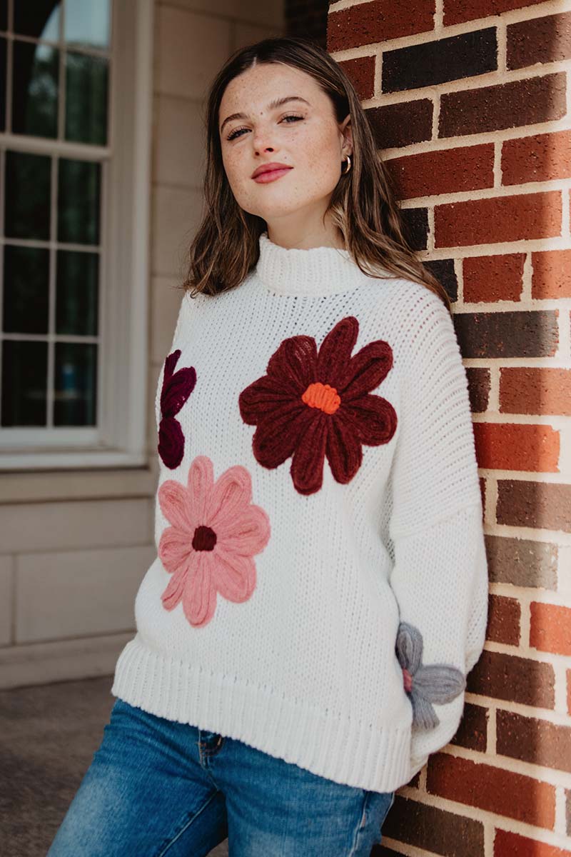 White Floral Warm Fall Stitched Sweater - Image 3