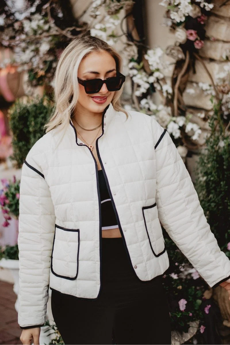White Quilted Trim Jacket for Women - Image 2