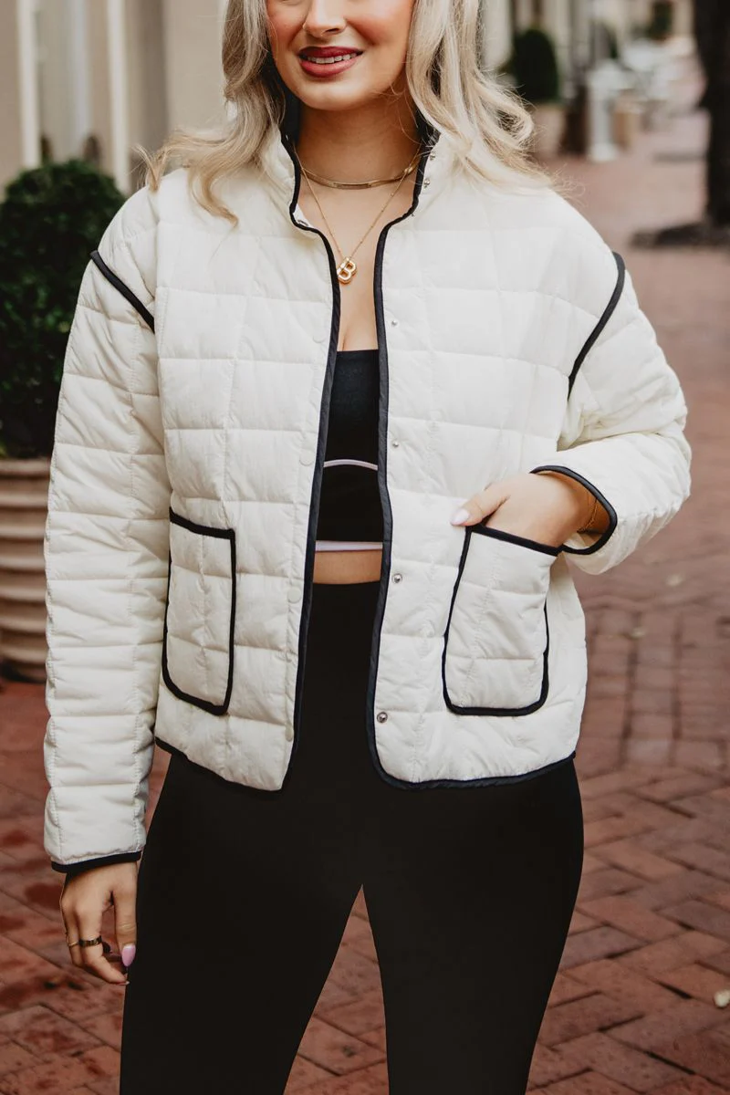 White Quilted Trim Jacket for Women - Image 3