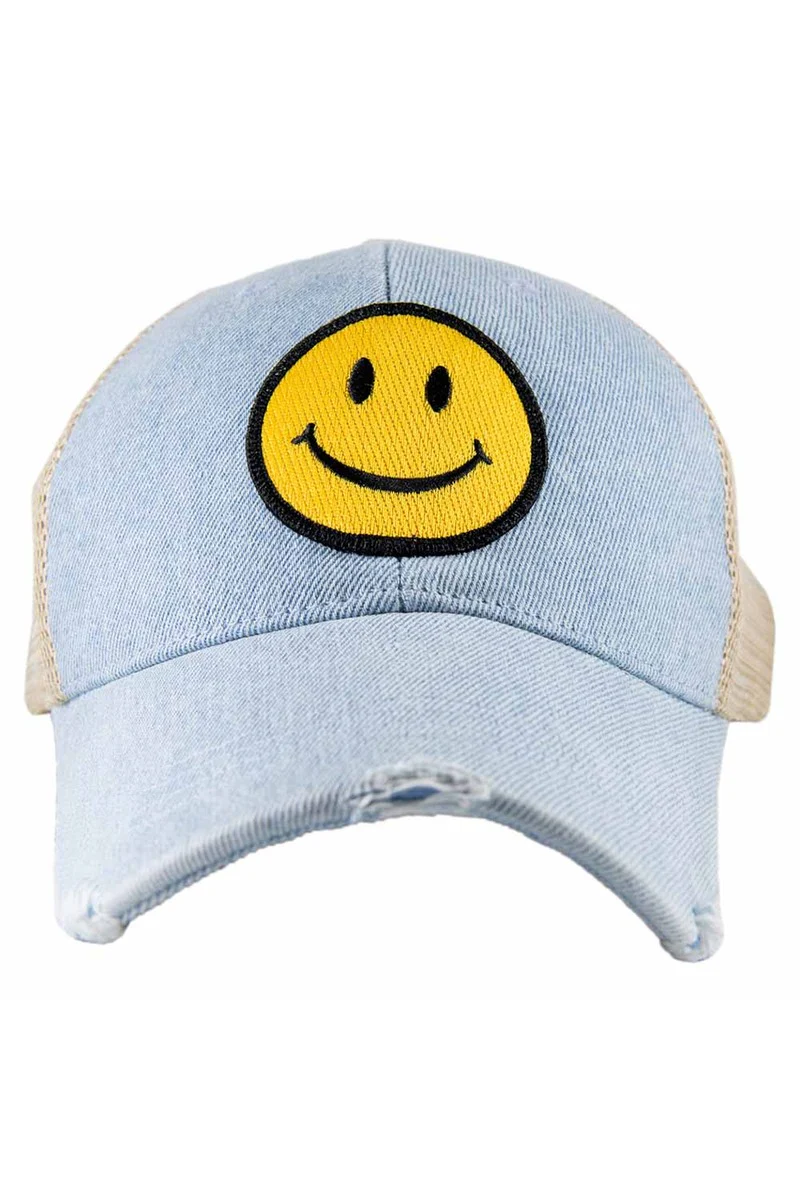 Yellow Happy Face Denim Trucker Hat - Image 2